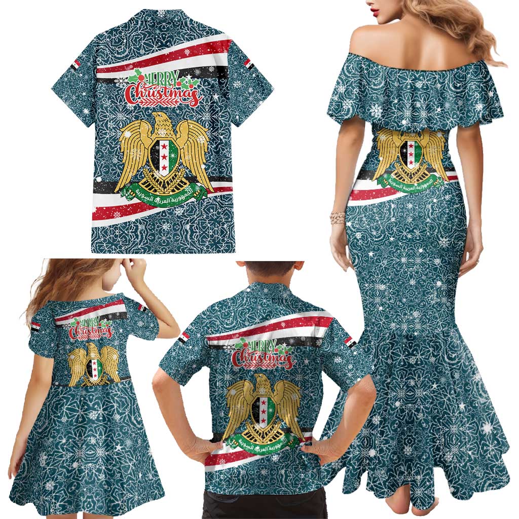 Syria Christmas Family Matching Mermaid Dress and Hawaiian Shirt with National Flag Motif, Coat of Arms Eagle, and Festive Snowflake Pattern - Wonder Print Shop