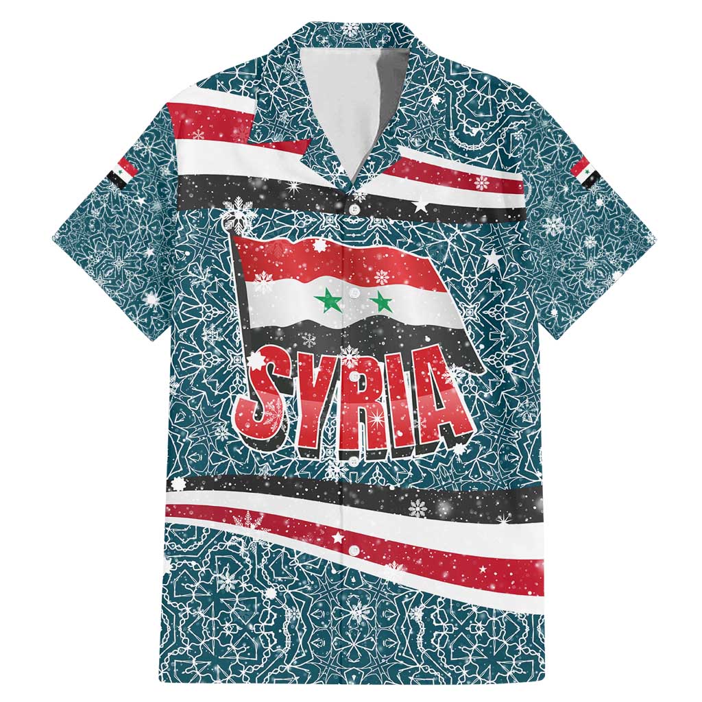 Syria Christmas Family Matching Mermaid Dress and Hawaiian Shirt with National Flag Motif, Coat of Arms Eagle, and Festive Snowflake Pattern - Wonder Print Shop