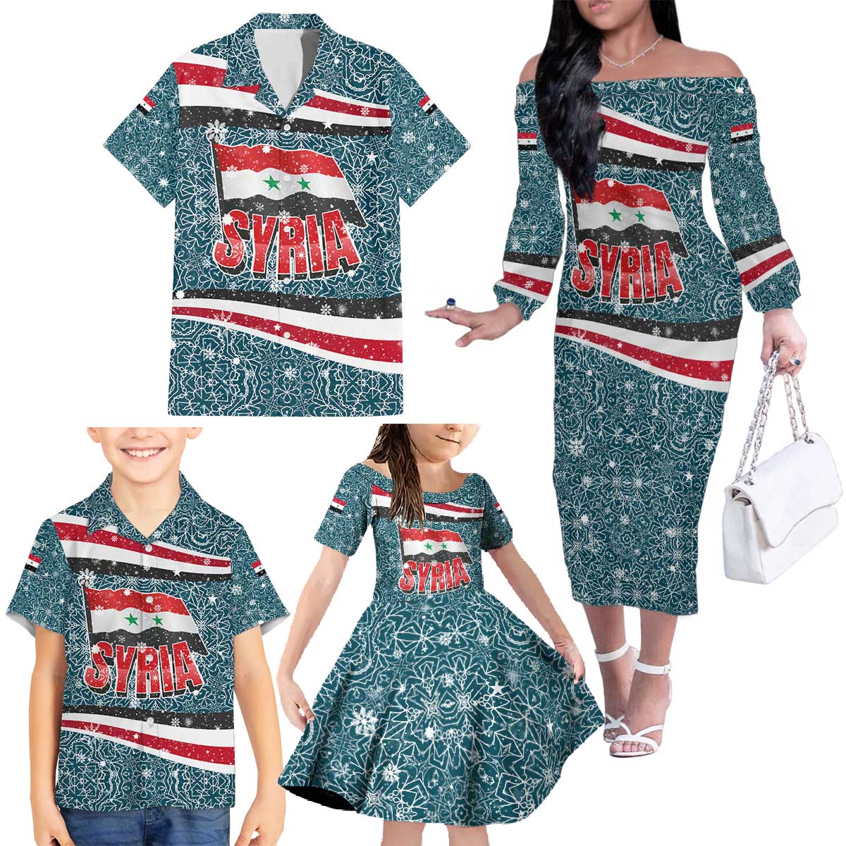Syria Christmas Family Matching Off The Shoulder Long Sleeve Dress and Hawaiian Shirt with National Flag Motif, Coat of Arms Eagle, and Festive Snowflake Pattern - Wonder Print Shop