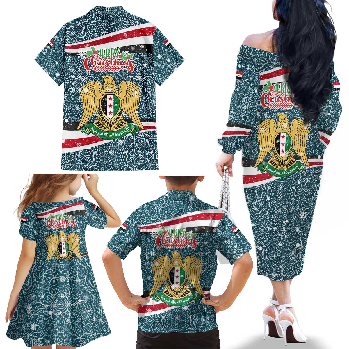 Syria Christmas Family Matching Off The Shoulder Long Sleeve Dress and Hawaiian Shirt with National Flag Motif, Coat of Arms Eagle, and Festive Snowflake Pattern - Wonder Print Shop