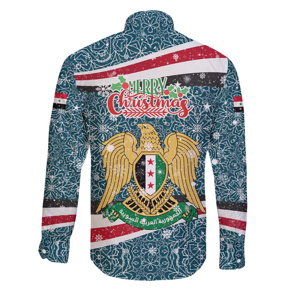 Syria Christmas Family Matching Off The Shoulder Long Sleeve Dress and Hawaiian Shirt with National Flag Motif, Coat of Arms Eagle, and Festive Snowflake Pattern - Wonder Print Shop