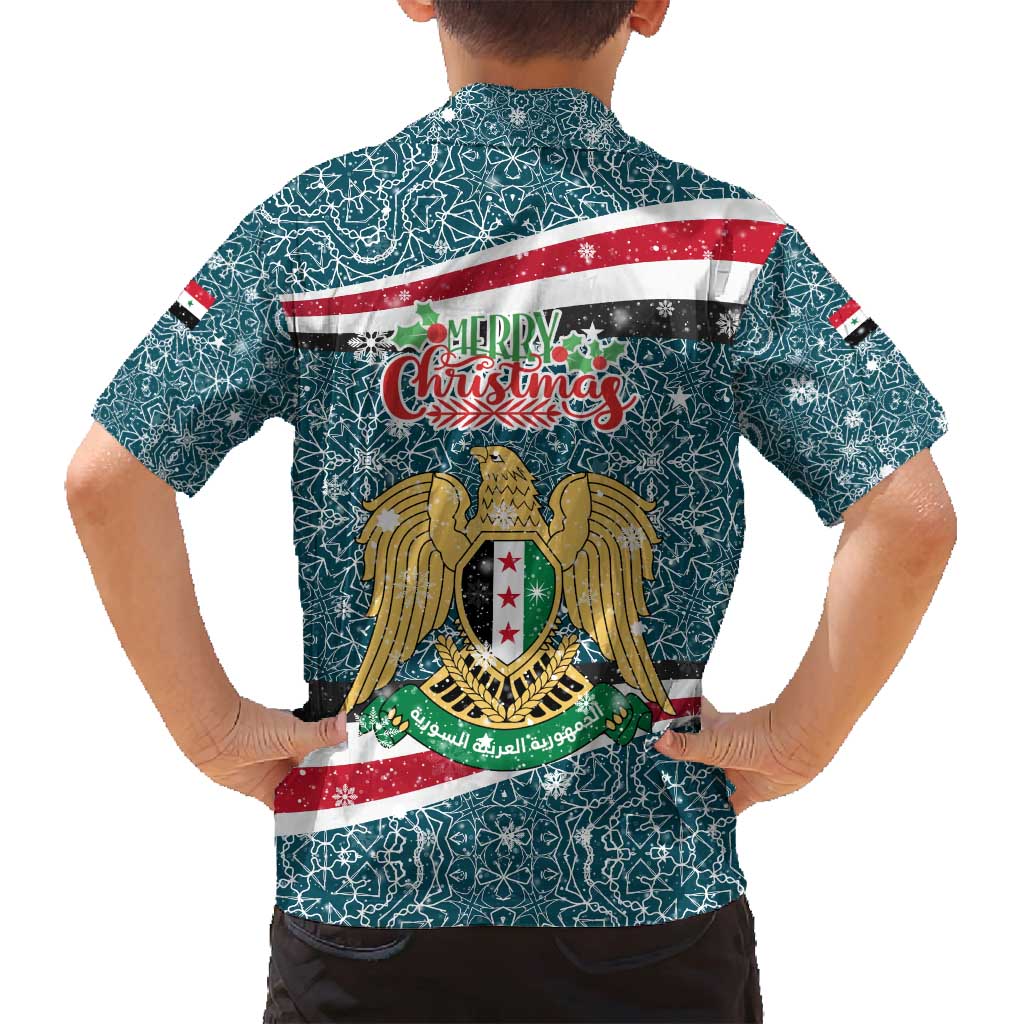 Syria Christmas Family Matching Off Shoulder Maxi Dress and Hawaiian Shirt with National Flag Motif, Coat of Arms Eagle, and Festive Snowflake Pattern - Wonder Print Shop