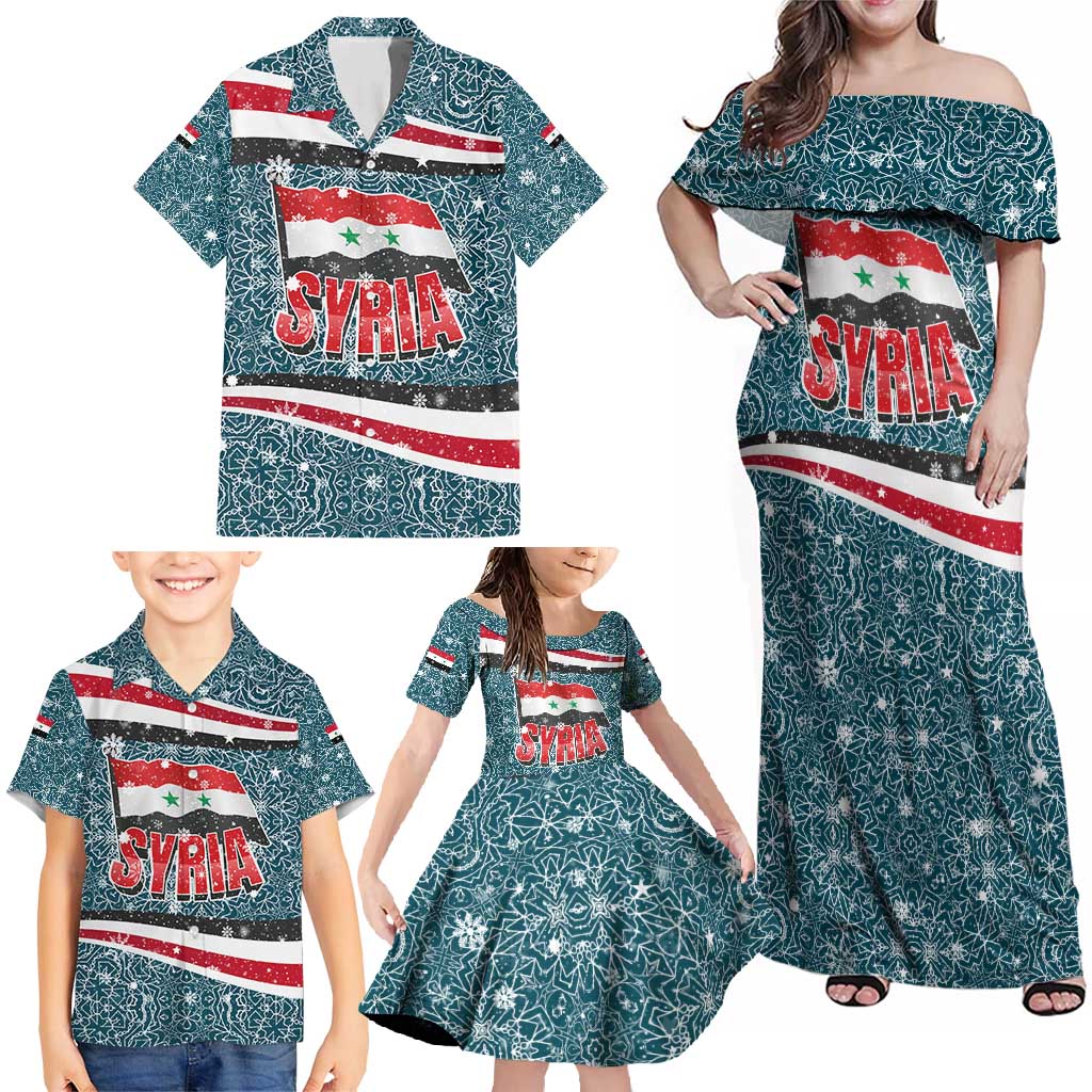 Syria Christmas Family Matching Off Shoulder Maxi Dress and Hawaiian Shirt with National Flag Motif, Coat of Arms Eagle, and Festive Snowflake Pattern - Wonder Print Shop
