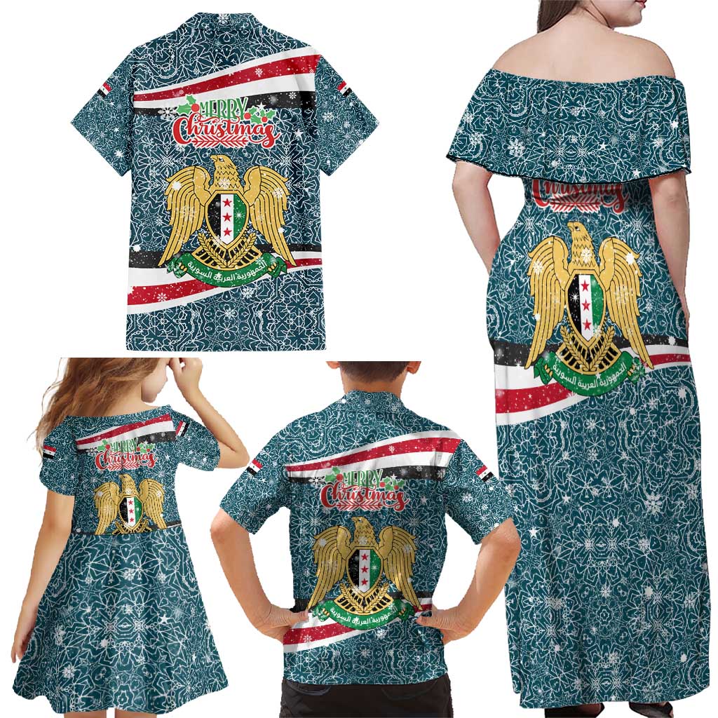 Syria Christmas Family Matching Off Shoulder Maxi Dress and Hawaiian Shirt with National Flag Motif, Coat of Arms Eagle, and Festive Snowflake Pattern - Wonder Print Shop