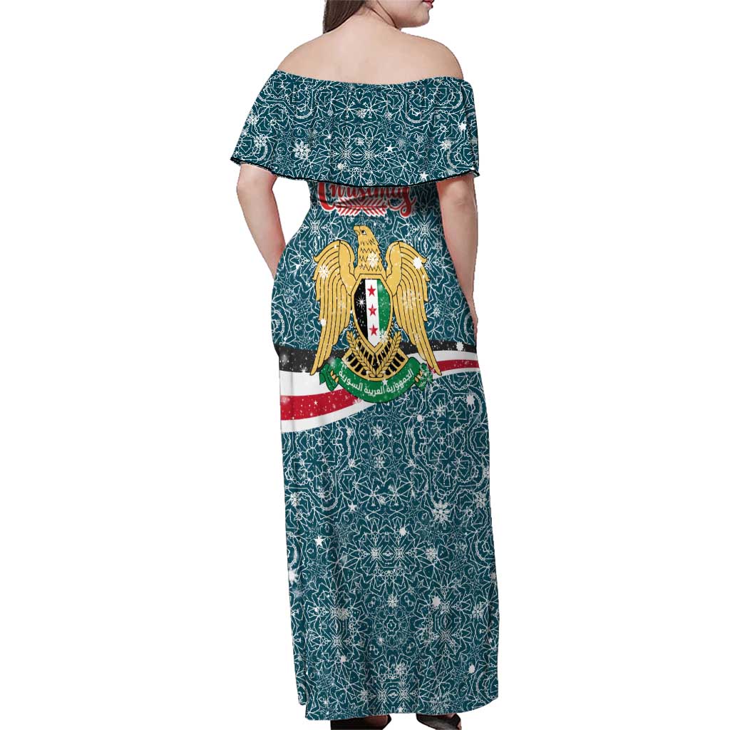 Syria Christmas Family Matching Off Shoulder Maxi Dress and Hawaiian Shirt with National Flag Motif, Coat of Arms Eagle, and Festive Snowflake Pattern - Wonder Print Shop
