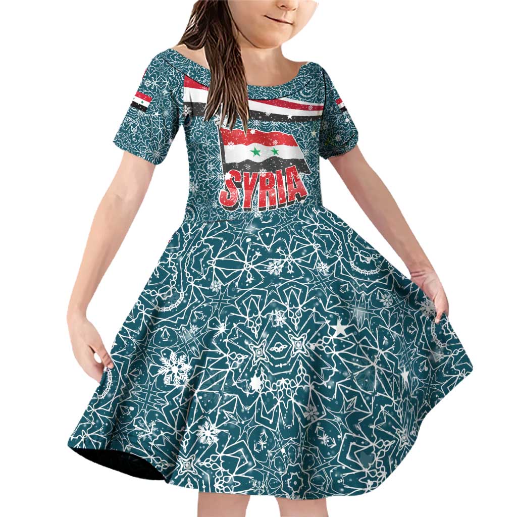 Syria Christmas Family Matching Off Shoulder Short Dress and Hawaiian Shirt with National Flag Motif, Coat of Arms Eagle, and Festive Snowflake Pattern - Wonder Print Shop