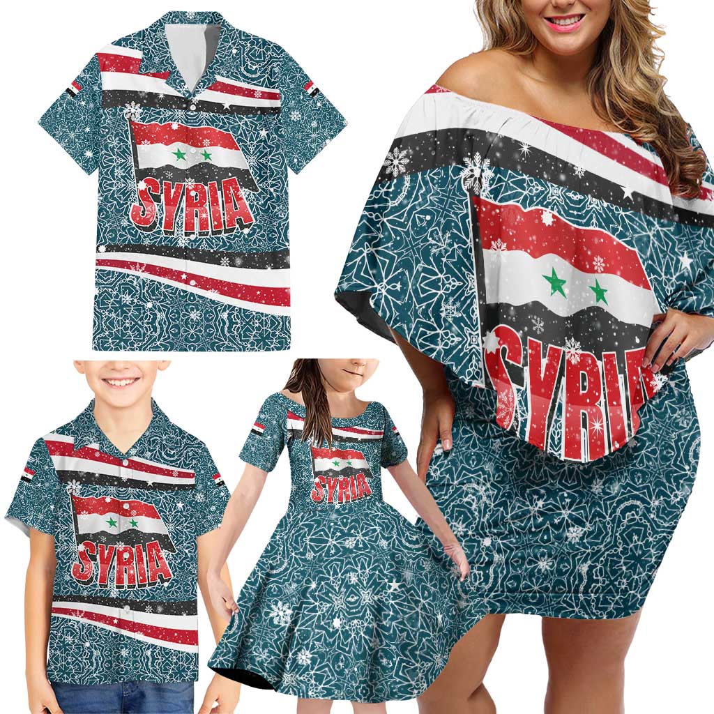 Syria Christmas Family Matching Off Shoulder Short Dress and Hawaiian Shirt with National Flag Motif, Coat of Arms Eagle, and Festive Snowflake Pattern - Wonder Print Shop