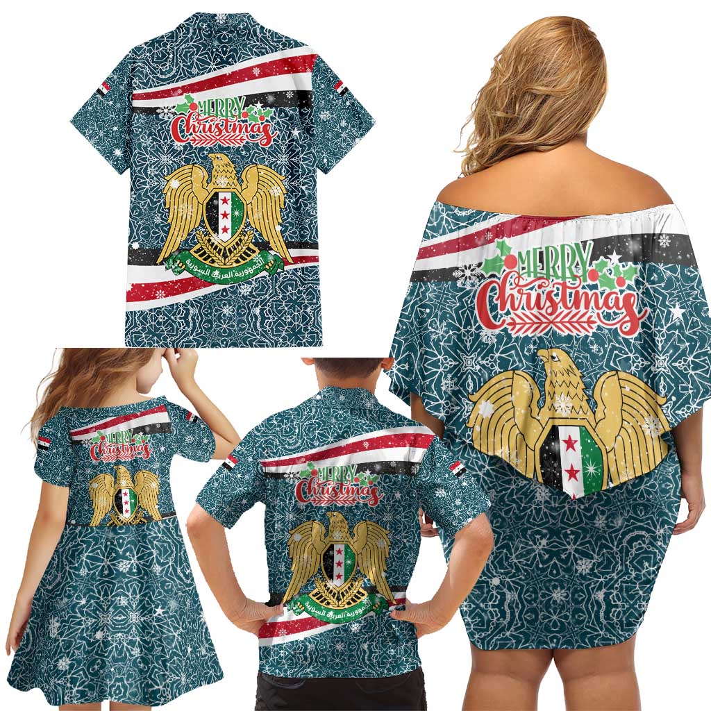 Syria Christmas Family Matching Off Shoulder Short Dress and Hawaiian Shirt with National Flag Motif, Coat of Arms Eagle, and Festive Snowflake Pattern - Wonder Print Shop
