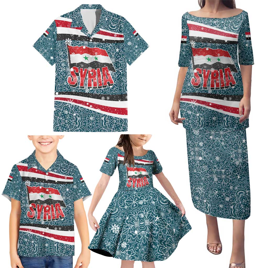 Syria Christmas Family Matching Puletasi and Hawaiian Shirt with National Flag Motif, Coat of Arms Eagle, and Festive Snowflake Pattern - Wonder Print Shop