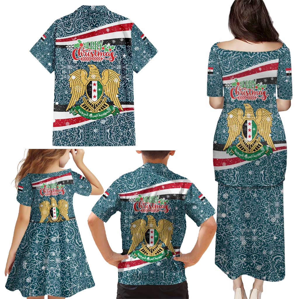 Syria Christmas Family Matching Puletasi and Hawaiian Shirt with National Flag Motif, Coat of Arms Eagle, and Festive Snowflake Pattern - Wonder Print Shop