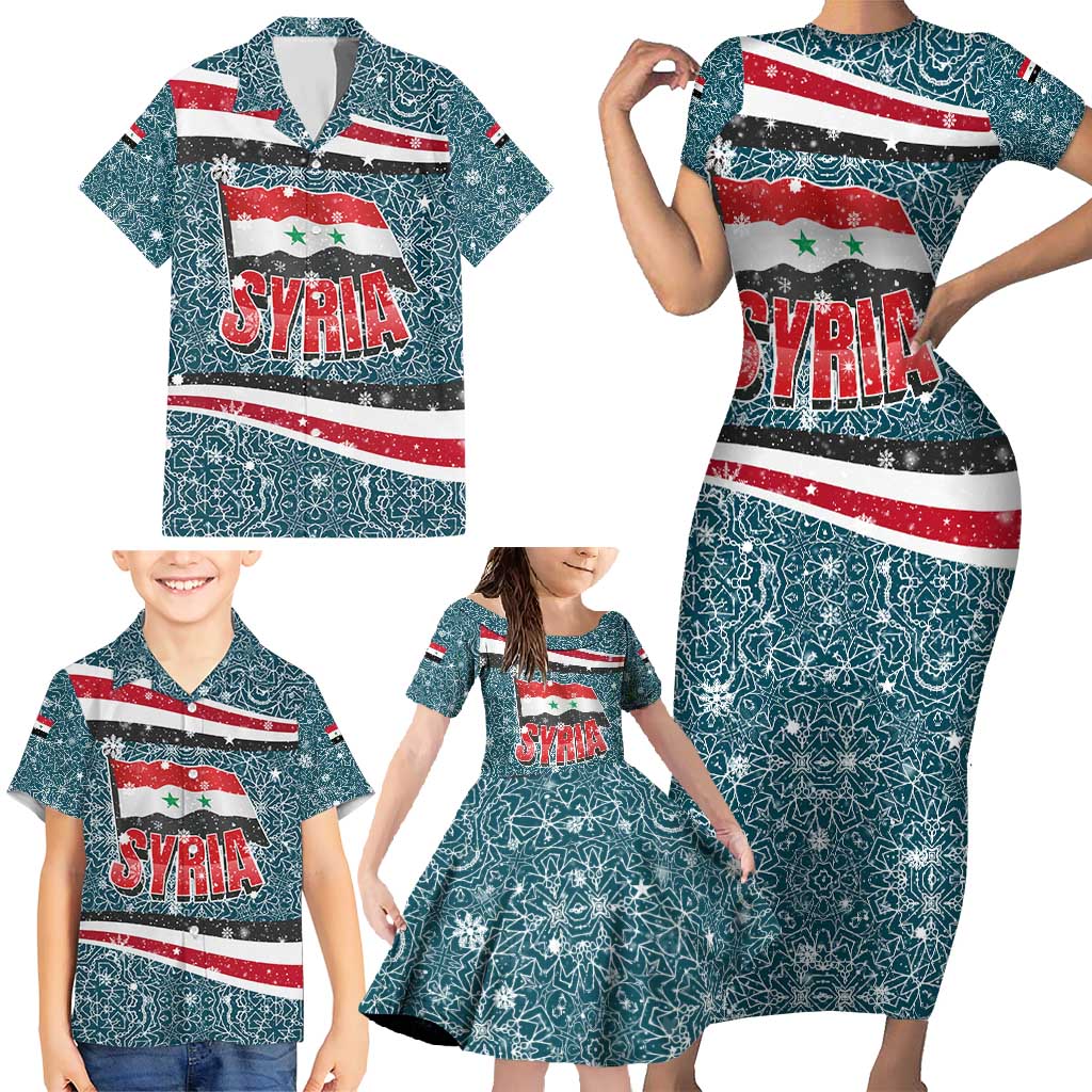 Syria Christmas Family Matching Short Sleeve Bodycon Dress and Hawaiian Shirt with National Flag Motif, Coat of Arms Eagle, and Festive Snowflake Pattern - Wonder Print Shop