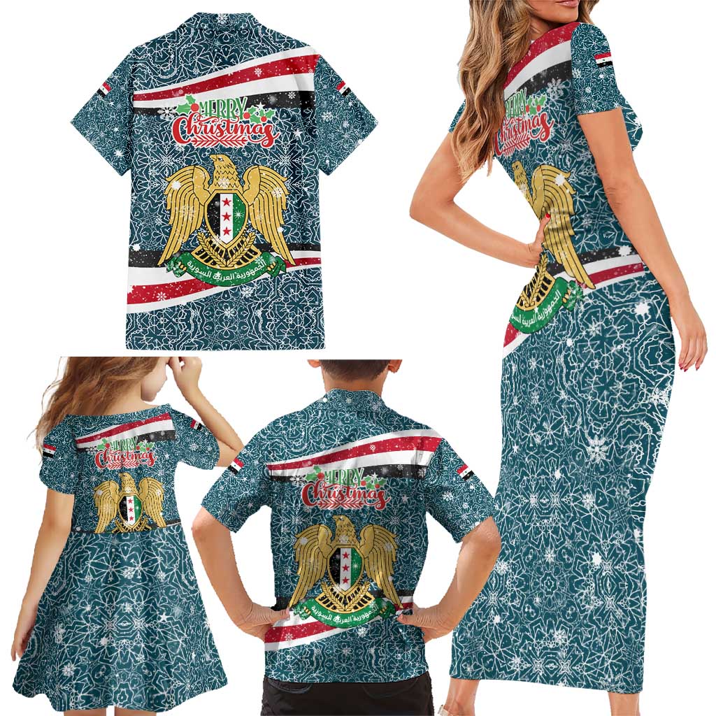 Syria Christmas Family Matching Short Sleeve Bodycon Dress and Hawaiian Shirt with National Flag Motif, Coat of Arms Eagle, and Festive Snowflake Pattern - Wonder Print Shop