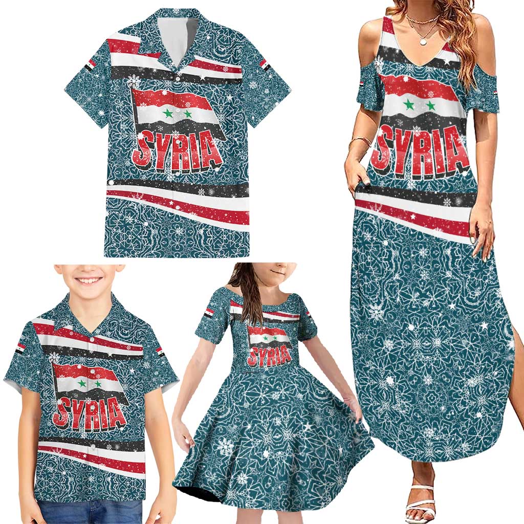 Syria Christmas Family Matching Summer Maxi Dress and Hawaiian Shirt with National Flag Motif, Coat of Arms Eagle, and Festive Snowflake Pattern - Wonder Print Shop