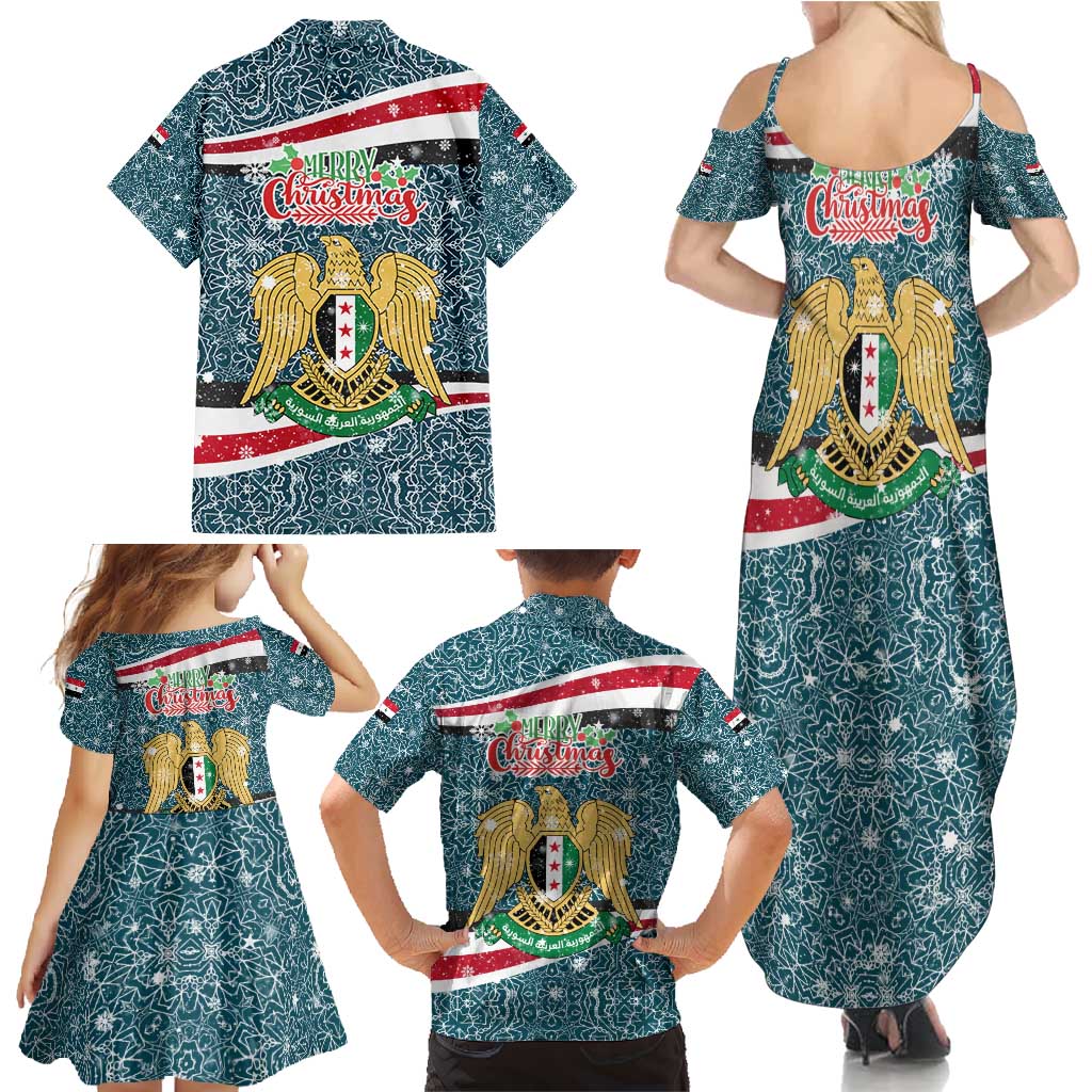 Syria Christmas Family Matching Summer Maxi Dress and Hawaiian Shirt with National Flag Motif, Coat of Arms Eagle, and Festive Snowflake Pattern - Wonder Print Shop