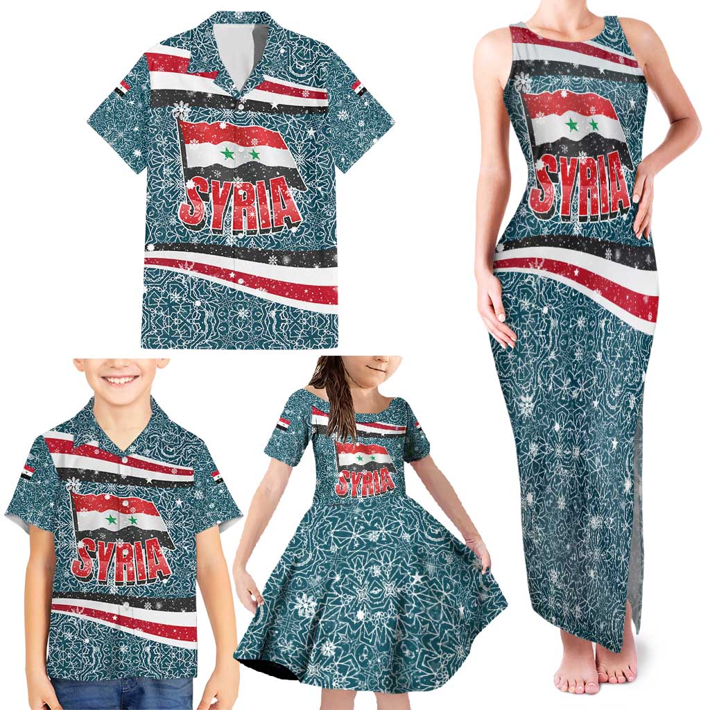 Syria Christmas Family Matching Tank Maxi Dress and Hawaiian Shirt with National Flag Motif, Coat of Arms Eagle, and Festive Snowflake Pattern - Wonder Print Shop