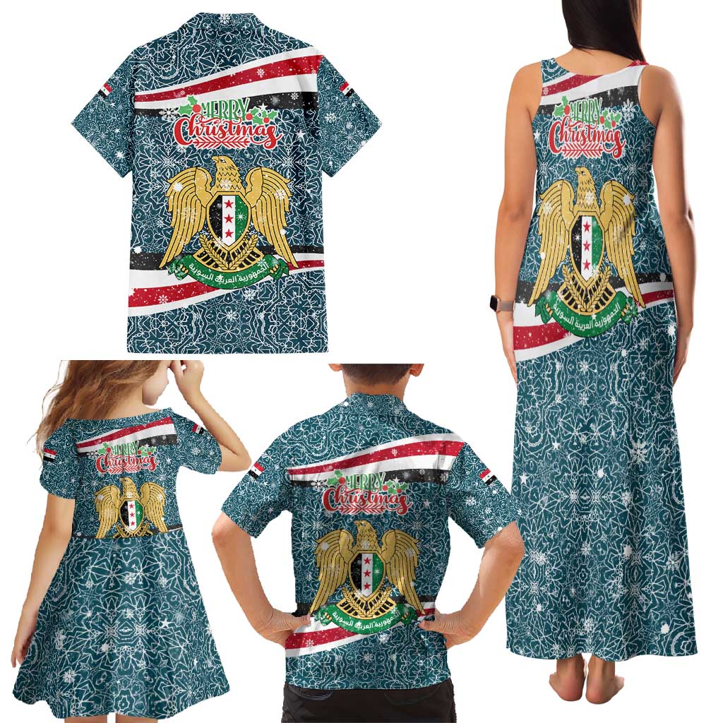 Syria Christmas Family Matching Tank Maxi Dress and Hawaiian Shirt with National Flag Motif, Coat of Arms Eagle, and Festive Snowflake Pattern - Wonder Print Shop