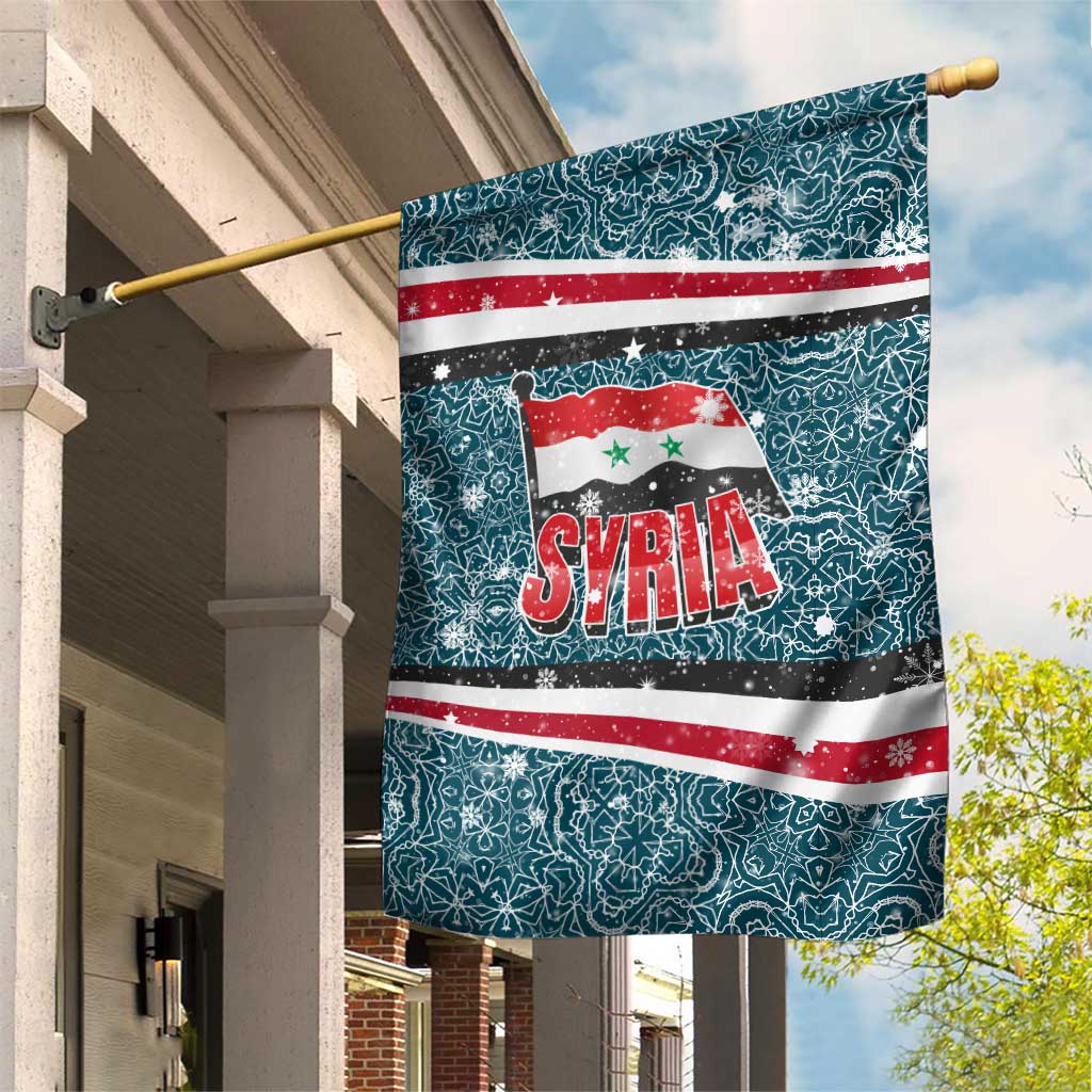 Syria Christmas Garden Flag with National Flag Motif, Coat of Arms Eagle, and Festive Snowflake Pattern - Wonder Print Shop