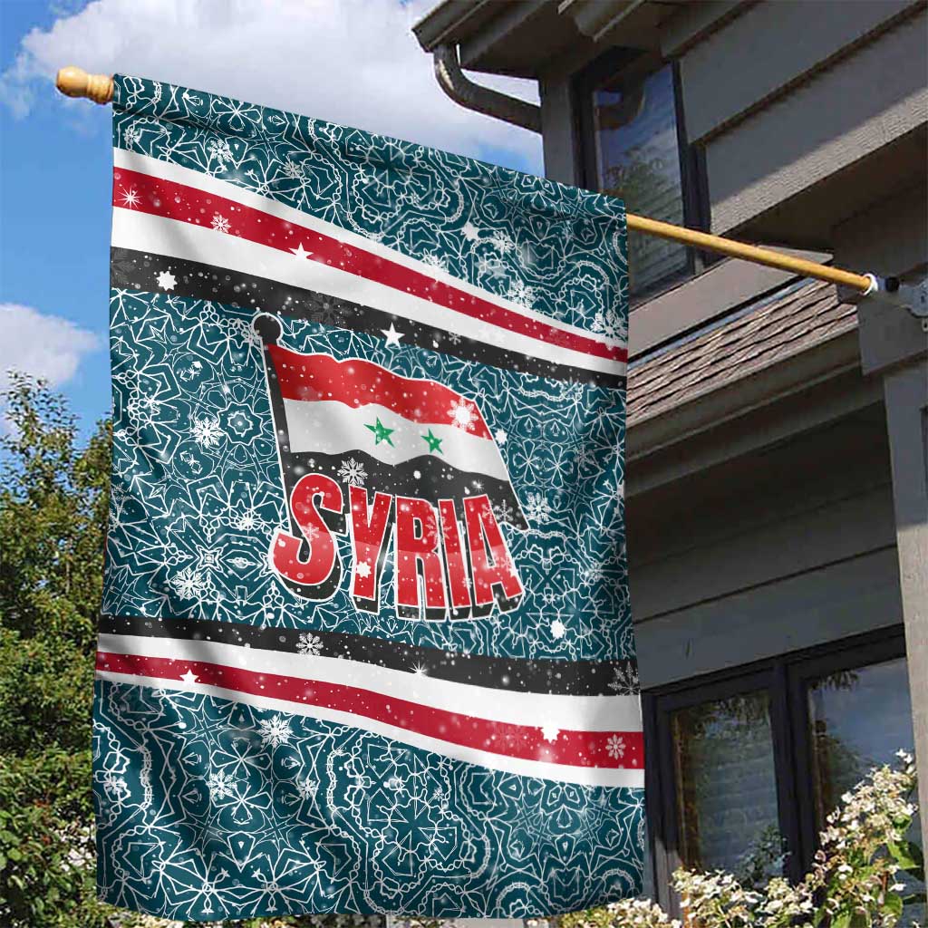 Syria Christmas Garden Flag with National Flag Motif, Coat of Arms Eagle, and Festive Snowflake Pattern - Wonder Print Shop