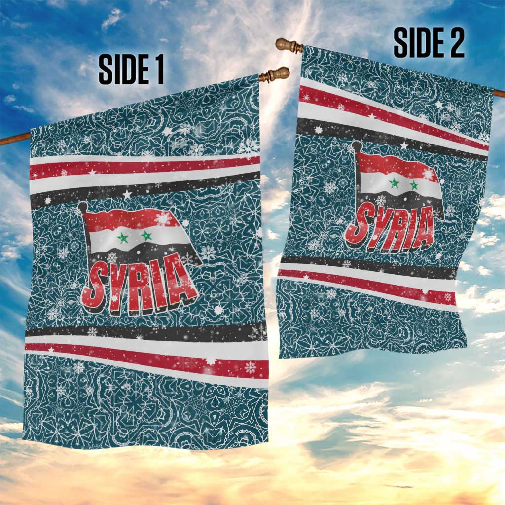 Syria Christmas Garden Flag with National Flag Motif, Coat of Arms Eagle, and Festive Snowflake Pattern - Wonder Print Shop