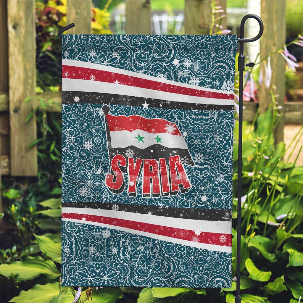 Syria Christmas Garden Flag with National Flag Motif, Coat of Arms Eagle, and Festive Snowflake Pattern - Wonder Print Shop