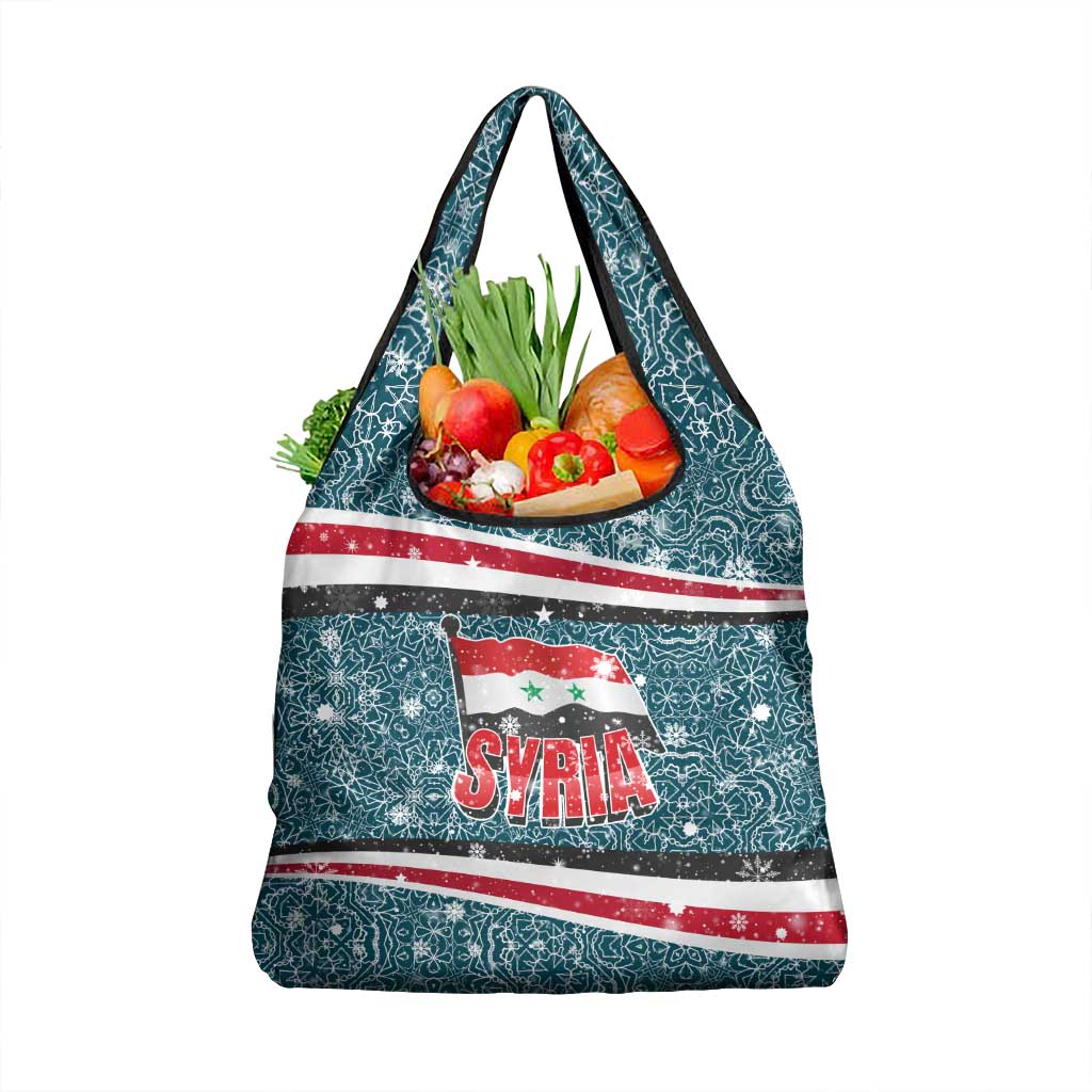 Syria Christmas Grocery Bag with National Flag Motif, Coat of Arms Eagle, and Festive Snowflake Pattern - Wonder Print Shop