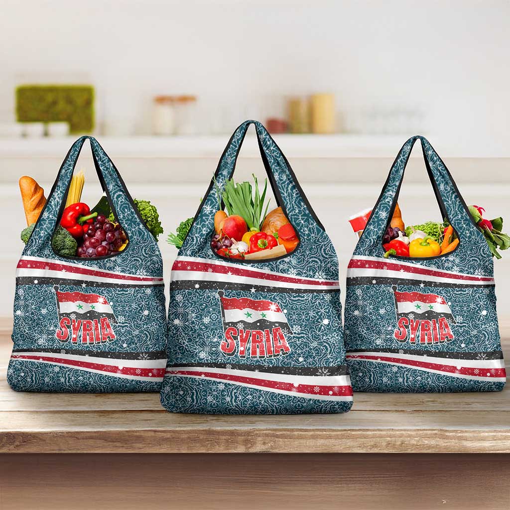 Syria Christmas Grocery Bag with National Flag Motif, Coat of Arms Eagle, and Festive Snowflake Pattern - Wonder Print Shop