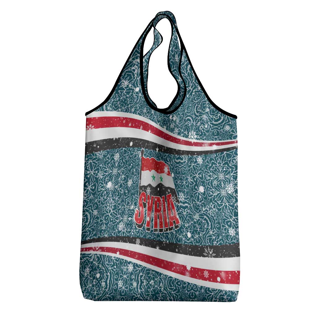 Syria Christmas Grocery Bag with National Flag Motif, Coat of Arms Eagle, and Festive Snowflake Pattern - Wonder Print Shop