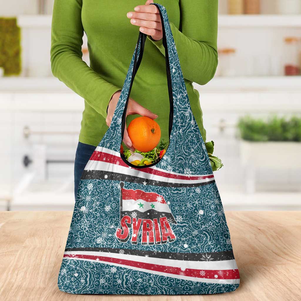 Syria Christmas Grocery Bag with National Flag Motif, Coat of Arms Eagle, and Festive Snowflake Pattern - Wonder Print Shop