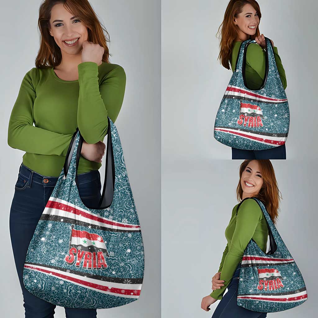 Syria Christmas Grocery Bag with National Flag Motif, Coat of Arms Eagle, and Festive Snowflake Pattern - Wonder Print Shop