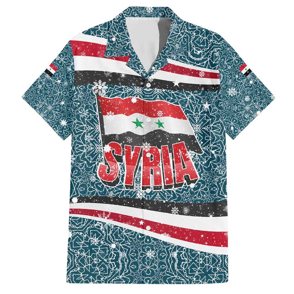 Syria Christmas Hawaiian Shirt with National Flag Motif, Coat of Arms Eagle, and Festive Snowflake Pattern - Wonder Print Shop