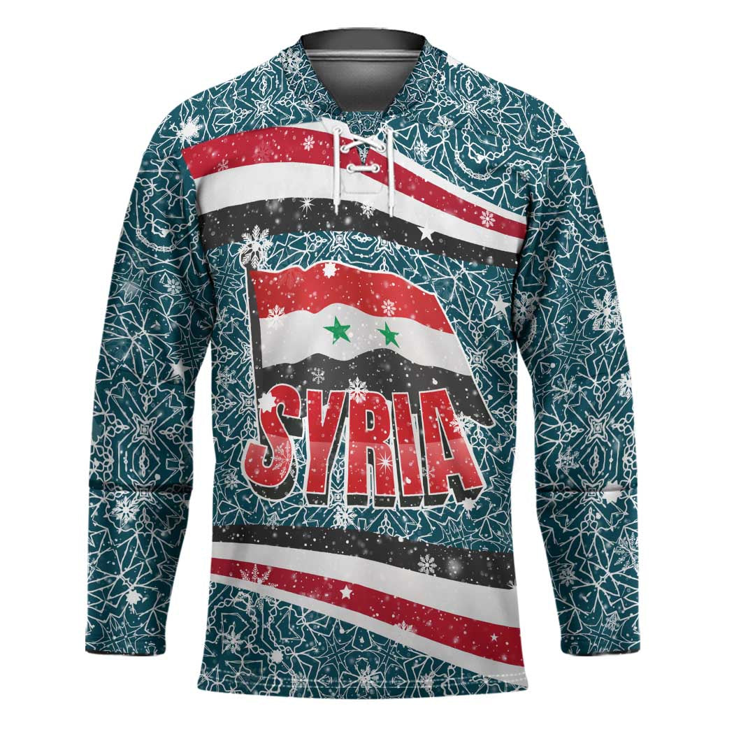 Syria Christmas Hockey Jersey with National Flag Motif, Coat of Arms Eagle, and Festive Snowflake Pattern - Wonder Print Shop