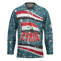 Syria Christmas Hockey Jersey with National Flag Motif, Coat of Arms Eagle, and Festive Snowflake Pattern - Wonder Print Shop