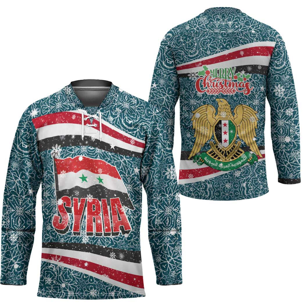 Syria Christmas Hockey Jersey with National Flag Motif, Coat of Arms Eagle, and Festive Snowflake Pattern - Wonder Print Shop