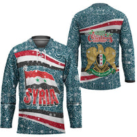 Syria Christmas Hockey Jersey with National Flag Motif, Coat of Arms Eagle, and Festive Snowflake Pattern - Wonder Print Shop