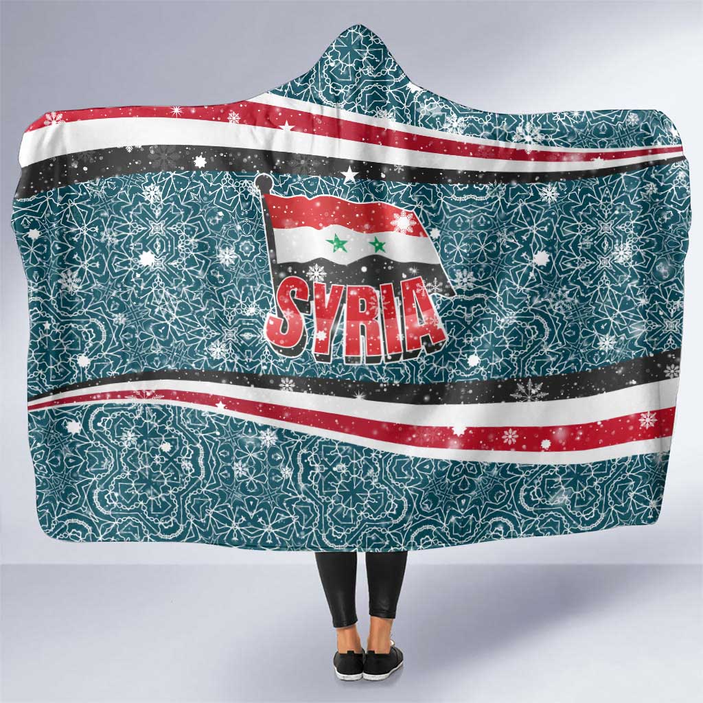 Syria Christmas Hooded Blanket with National Flag Motif, Coat of Arms Eagle, and Festive Snowflake Pattern - Wonder Print Shop