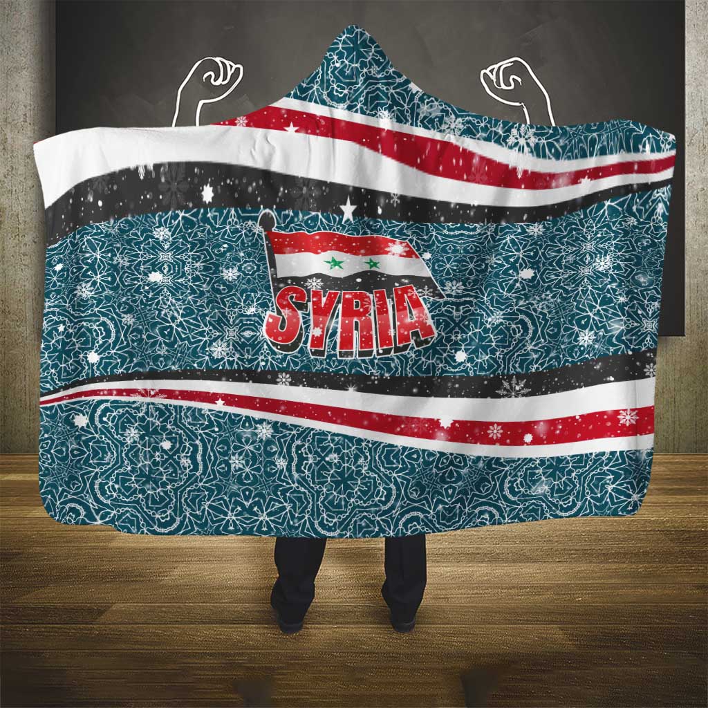 Syria Christmas Hooded Blanket with National Flag Motif, Coat of Arms Eagle, and Festive Snowflake Pattern - Wonder Print Shop