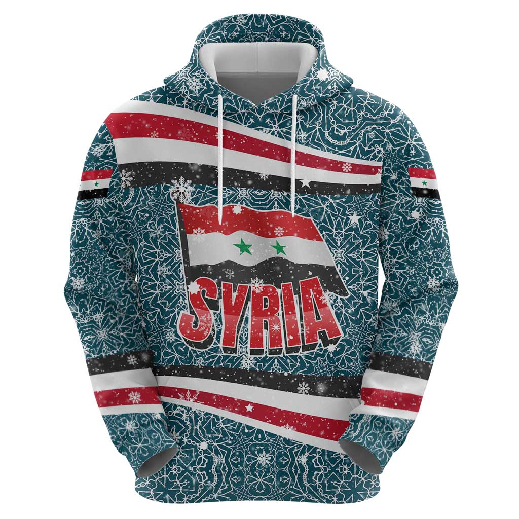 Syria Christmas Hoodie with National Flag Motif, Coat of Arms Eagle, and Festive Snowflake Pattern - Wonder Print Shop