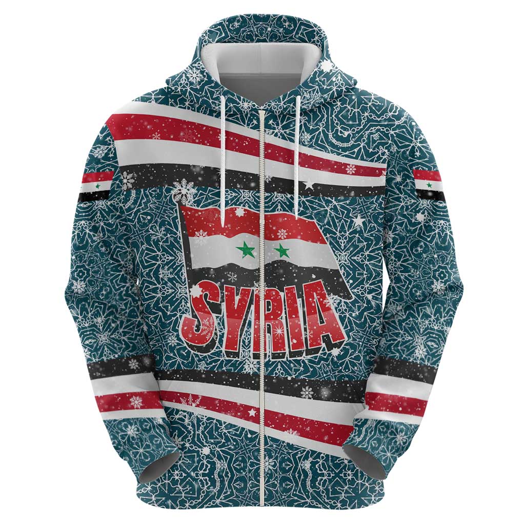 Syria Christmas Hoodie with National Flag Motif, Coat of Arms Eagle, and Festive Snowflake Pattern - Wonder Print Shop