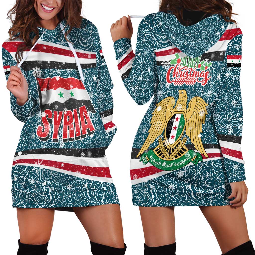 Syria Christmas Hoodie Dress with National Flag Motif, Coat of Arms Eagle, and Festive Snowflake Pattern - Wonder Print Shop