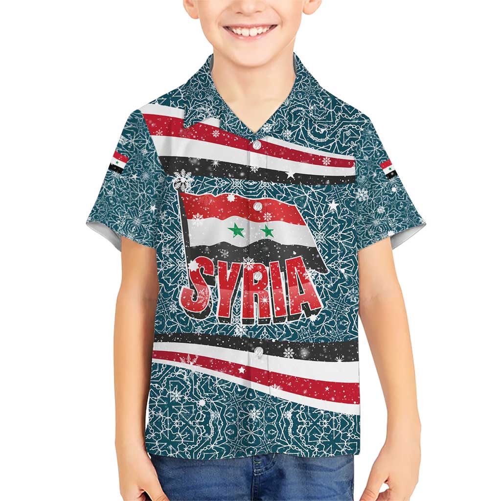 Syria Christmas Kid Hawaiian Shirt with National Flag Motif, Coat of Arms Eagle, and Festive Snowflake Pattern - Wonder Print Shop