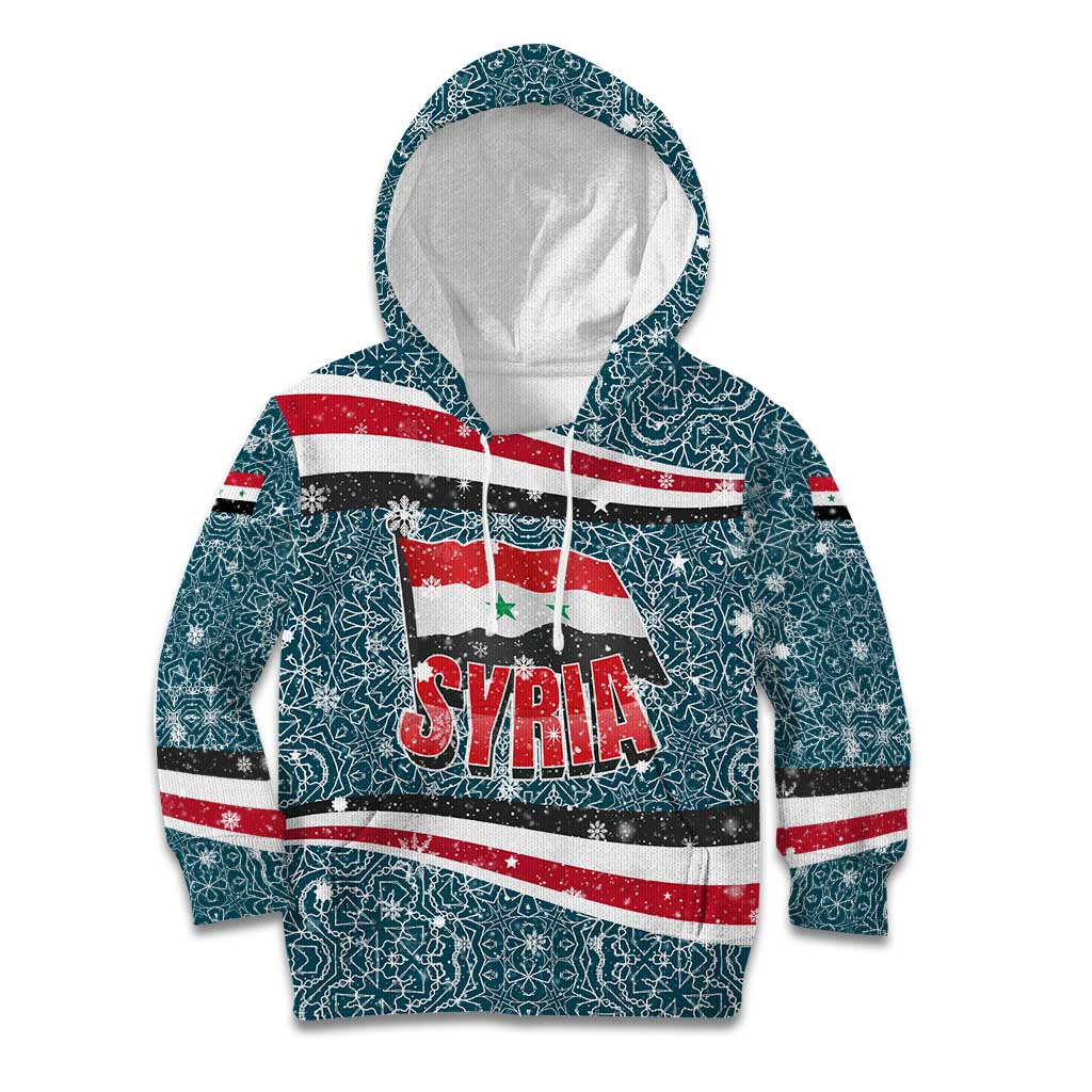 Syria Christmas Kid Hoodie with National Flag Motif, Coat of Arms Eagle, and Festive Snowflake Pattern - Wonder Print Shop