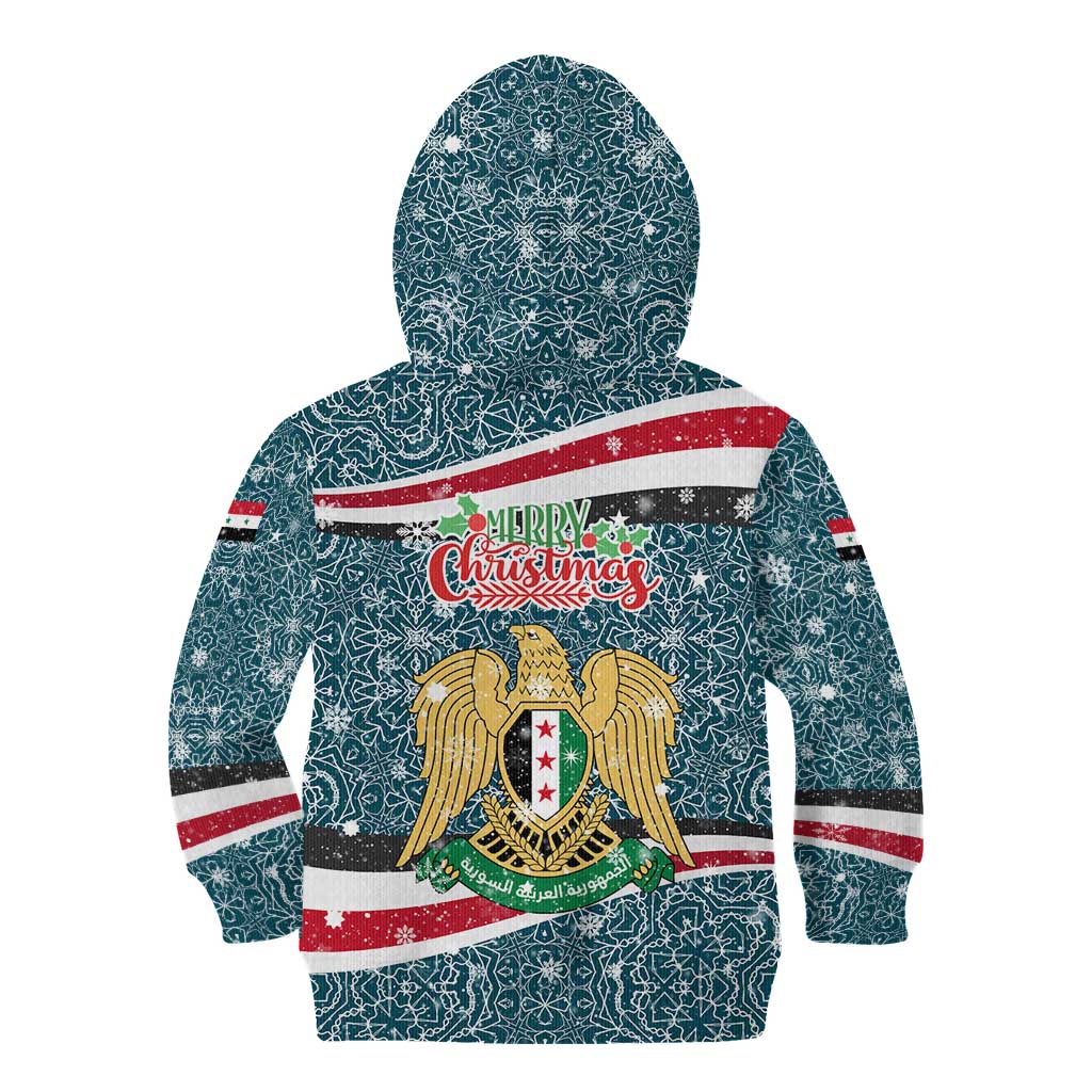 Syria Christmas Kid Hoodie with National Flag Motif, Coat of Arms Eagle, and Festive Snowflake Pattern - Wonder Print Shop