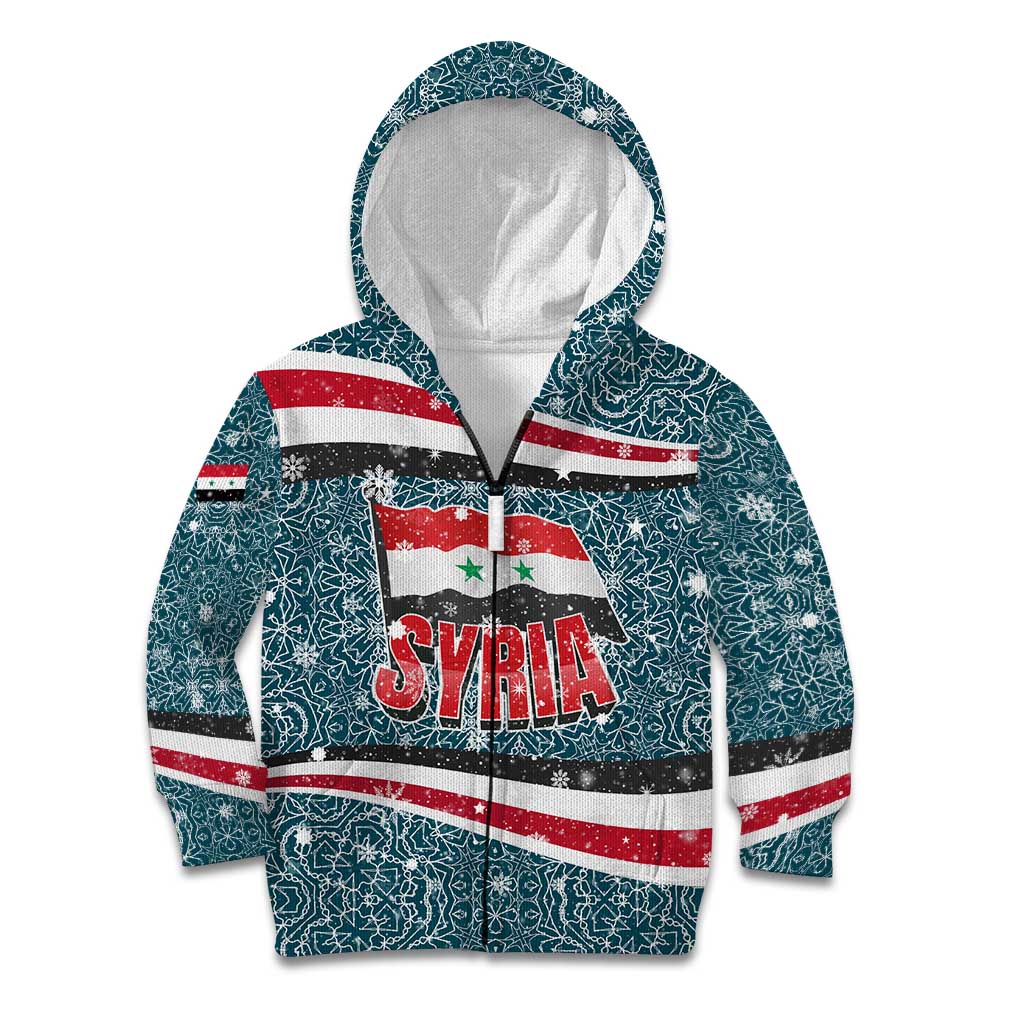 Syria Christmas Kid Hoodie with National Flag Motif, Coat of Arms Eagle, and Festive Snowflake Pattern - Wonder Print Shop