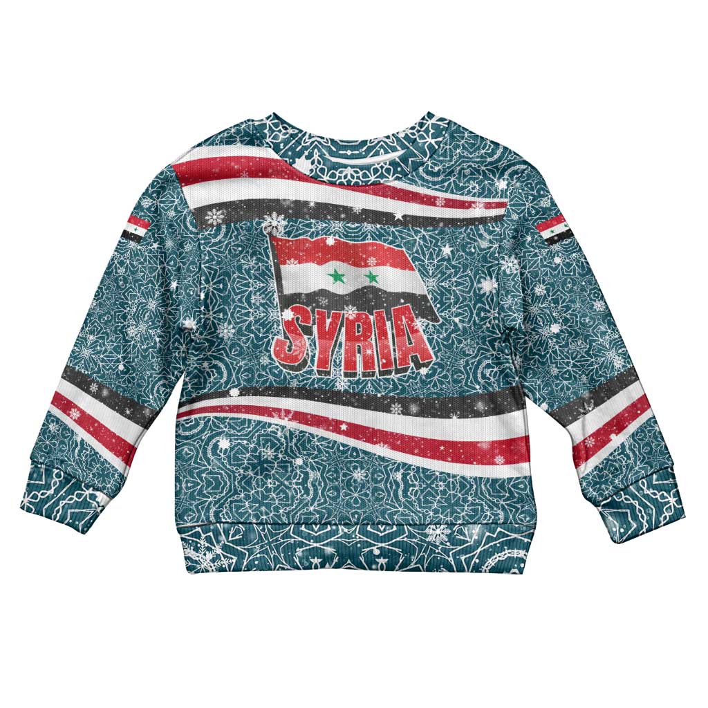 Syria Christmas Kid Ugly Christmas Sweater with National Flag Motif, Coat of Arms Eagle, and Festive Snowflake Pattern - Wonder Print Shop