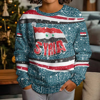 Syria Christmas Kid Ugly Christmas Sweater with National Flag Motif, Coat of Arms Eagle, and Festive Snowflake Pattern - Wonder Print Shop