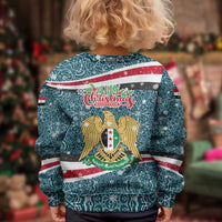 Syria Christmas Kid Ugly Christmas Sweater with National Flag Motif, Coat of Arms Eagle, and Festive Snowflake Pattern - Wonder Print Shop