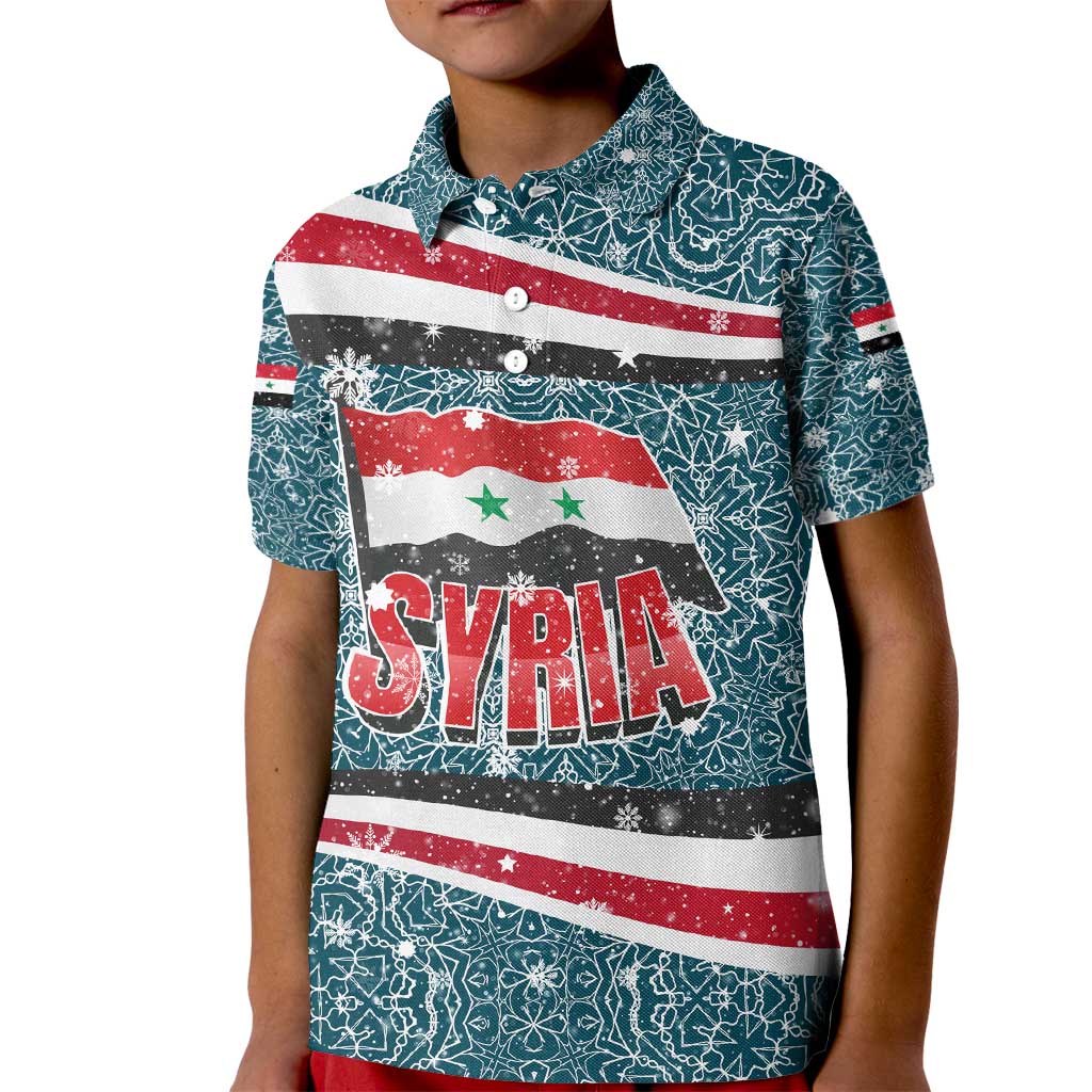 Syria Christmas Kid Polo Shirt with National Flag Motif, Coat of Arms Eagle, and Festive Snowflake Pattern - Wonder Print Shop