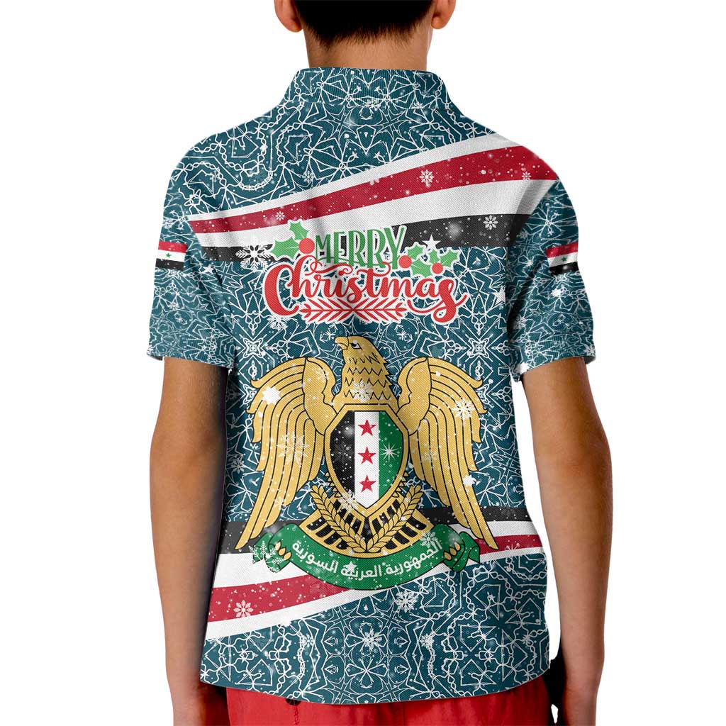 Syria Christmas Kid Polo Shirt with National Flag Motif, Coat of Arms Eagle, and Festive Snowflake Pattern - Wonder Print Shop