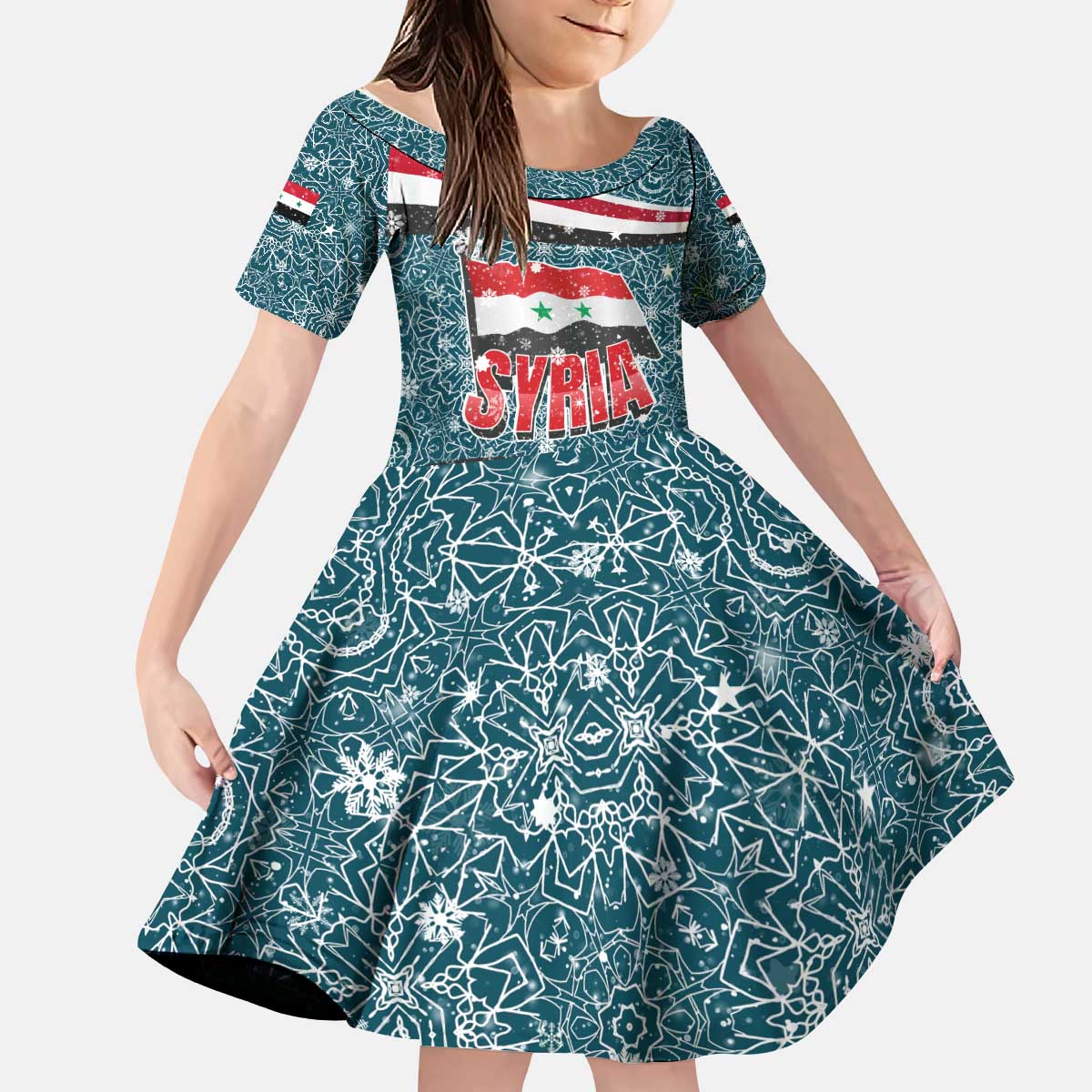 Syria Christmas Kid Short Sleeve Dress with National Flag Motif, Coat of Arms Eagle, and Festive Snowflake Pattern - Wonder Print Shop