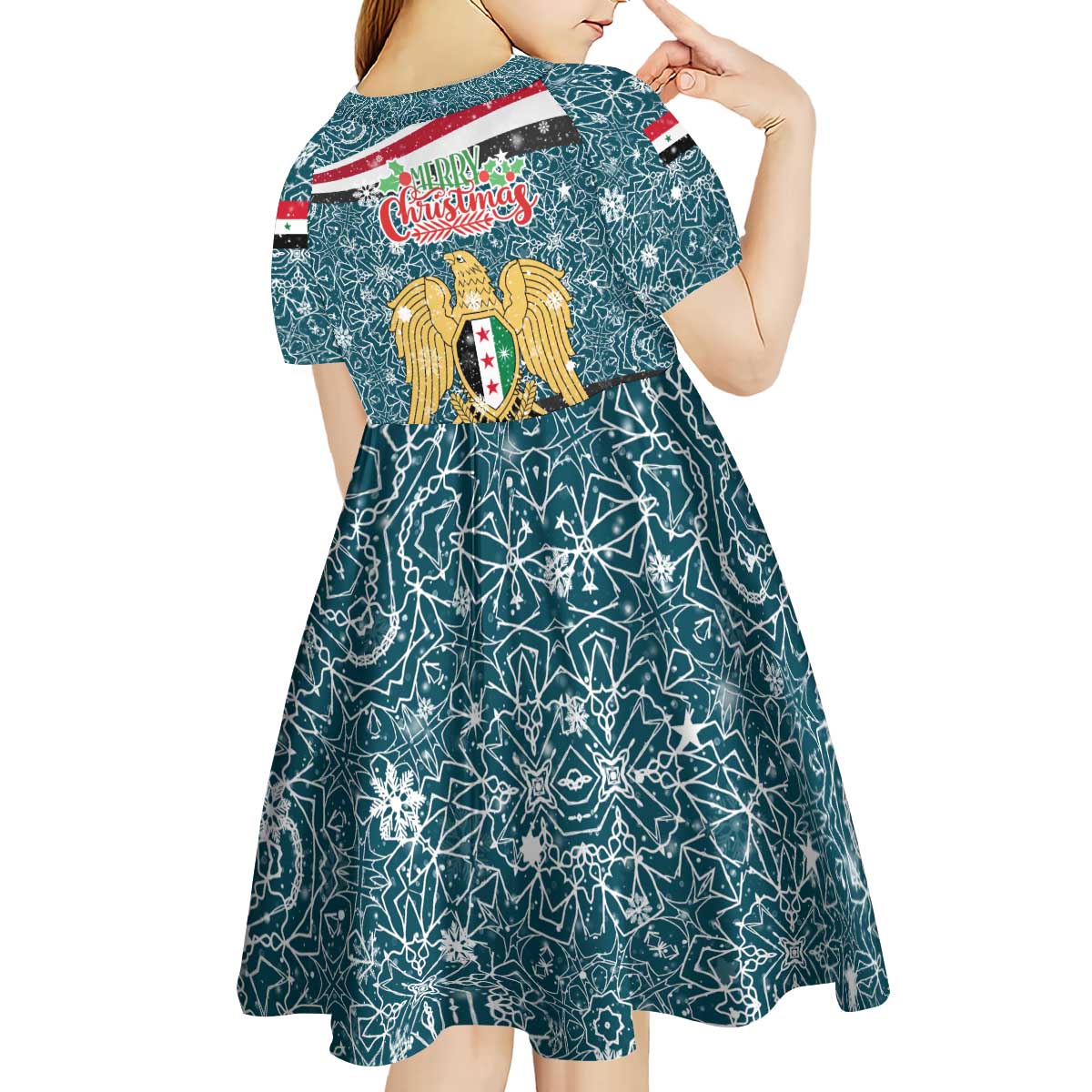 Syria Christmas Kid Short Sleeve Dress with National Flag Motif, Coat of Arms Eagle, and Festive Snowflake Pattern - Wonder Print Shop